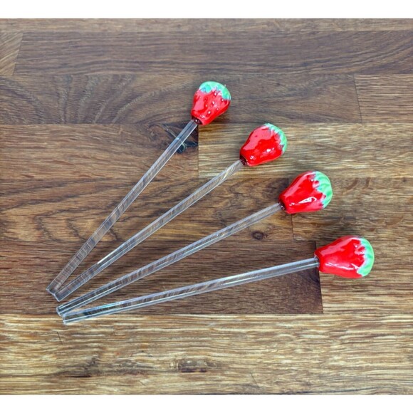 Set of 4 Vintage Glass Strawberry‎ Cocktail Stirrers Swizzle Sticks Barware - Picture 1 of 3